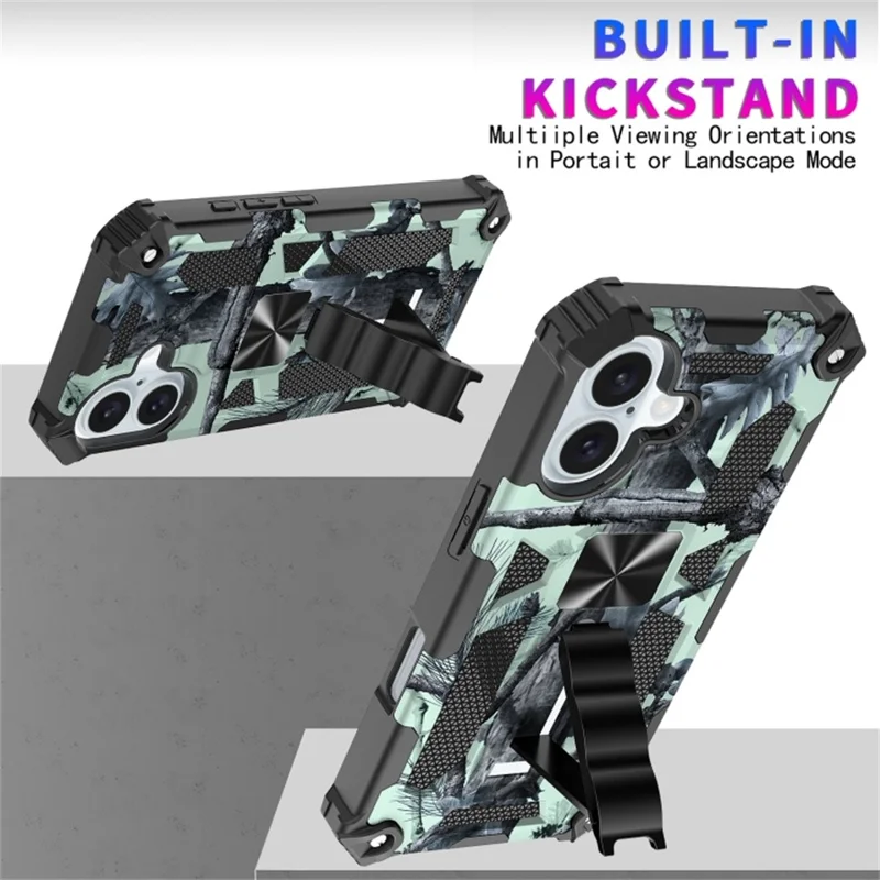 For iPhone 16 Plus Case Kickstand Camouflage Anti-Drop TPU+PC Phone Cover - Army Green