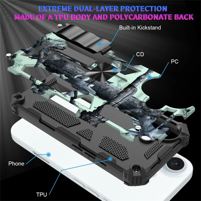 For iPhone 16 Plus Case Kickstand Camouflage Anti-Drop TPU+PC Phone Cover - Army Green