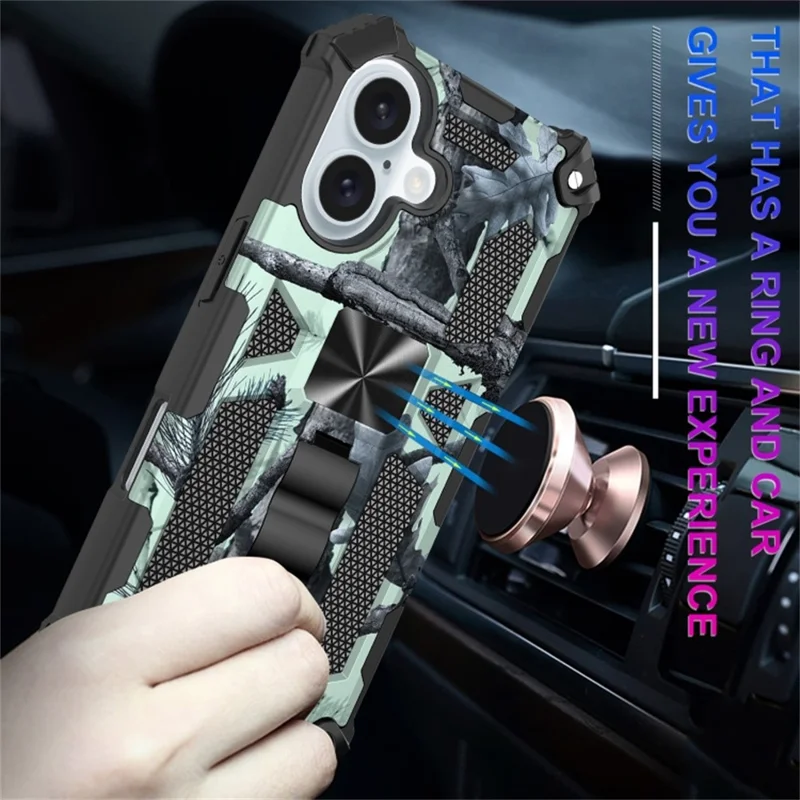 For iPhone 16 Plus Case Kickstand Camouflage Anti-Drop TPU+PC Phone Cover - Army Green