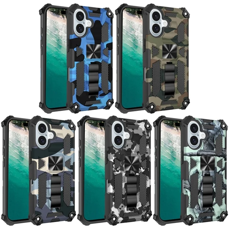 For iPhone 16 Plus Case Kickstand Camouflage Anti-Drop TPU+PC Phone Cover - Army Green
