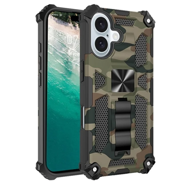 Funda para iPhone 16 con soporte de kickstand camuflaje antideslizante TPU+PC - Verde militar