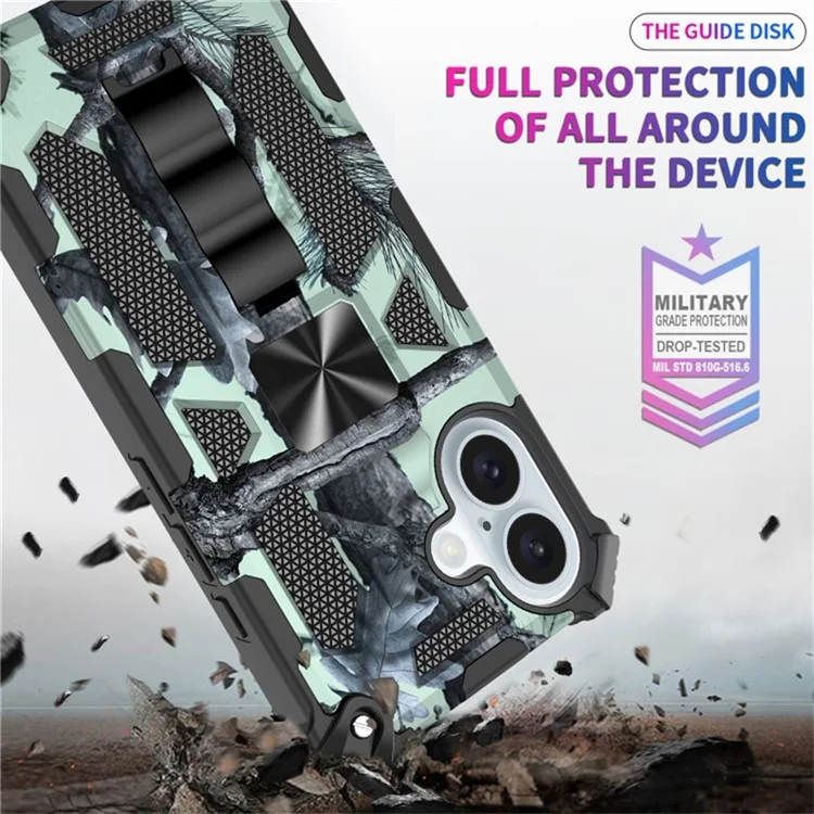 Funda para iPhone 16 con soporte de kickstand camuflaje antideslizante TPU+PC - Verde militar