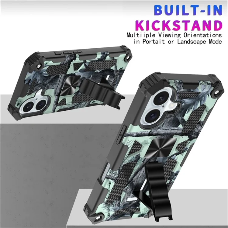 Funda para iPhone 16 con soporte de kickstand camuflaje antideslizante TPU+PC - Verde militar