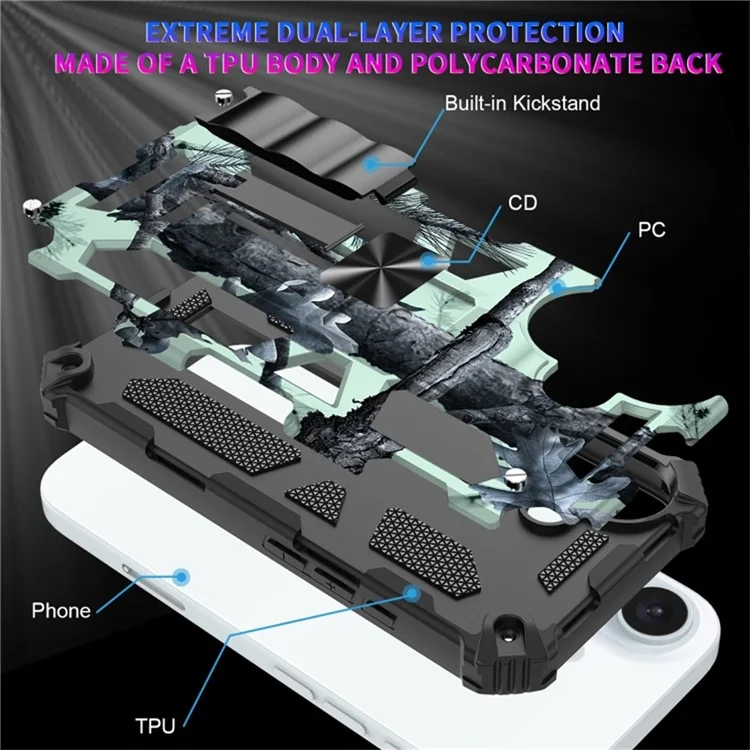 Funda para iPhone 16 con soporte de kickstand camuflaje antideslizante TPU+PC - Verde militar