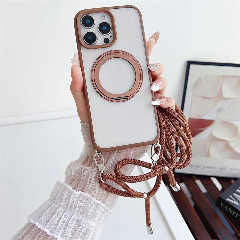 For iPhone 15 Pro Case Compatible with MagSafe Rotatable Kickstand PC+TPU Phone Cover with Lanyard - Brown