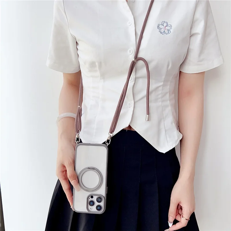 For iPhone 15 Pro Case Compatible with MagSafe Rotatable Kickstand PC+TPU Phone Cover with Lanyard - Brown