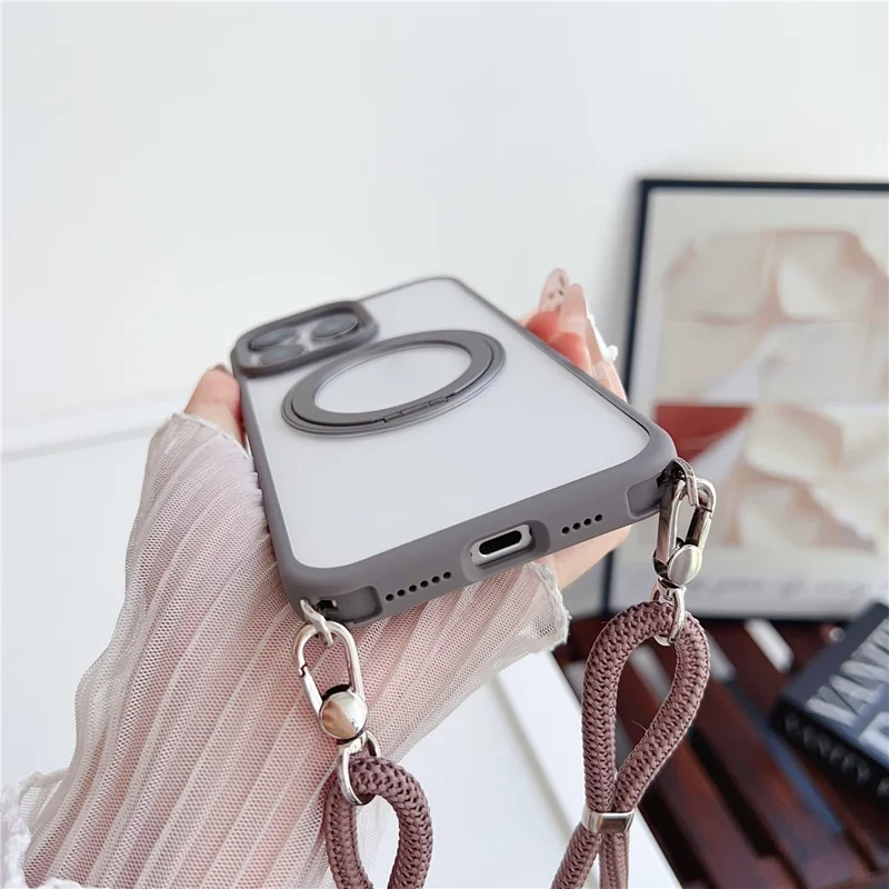For iPhone 15 Pro Case Compatible with MagSafe Rotatable Kickstand PC+TPU Phone Cover with Lanyard - Brown