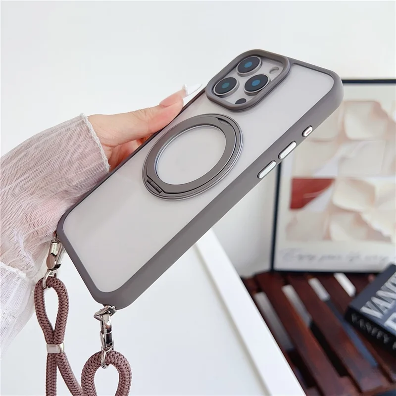 For iPhone 15 Pro Case Compatible with MagSafe Rotatable Kickstand PC+TPU Phone Cover with Lanyard - Brown