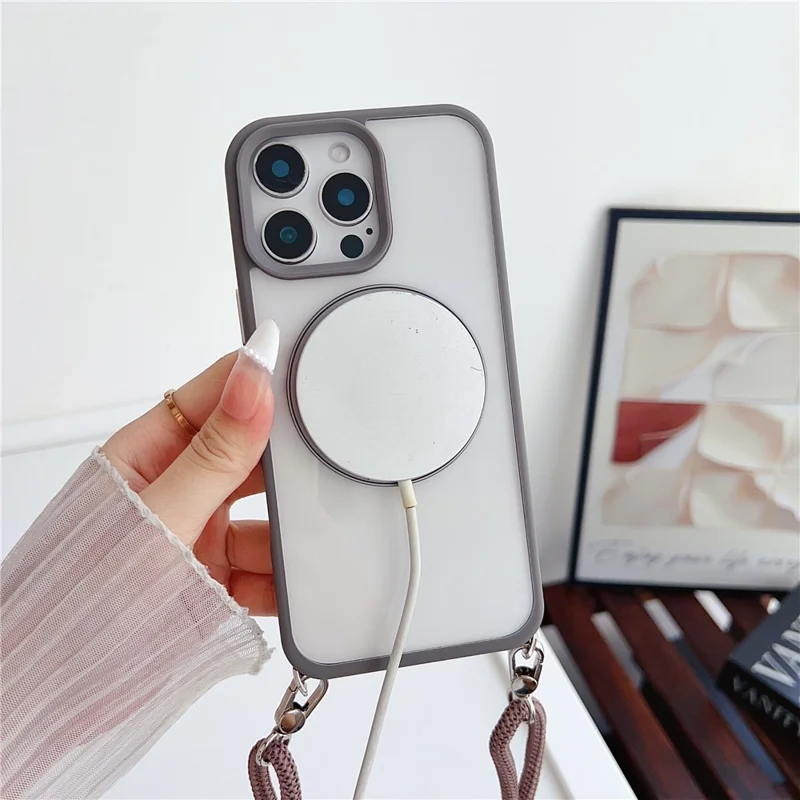 For iPhone 15 Pro Case Compatible with MagSafe Rotatable Kickstand PC+TPU Phone Cover with Lanyard - Brown