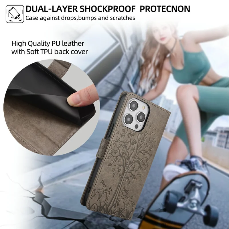 For Motorola Moto G85 5G / S50 Neo 5G Case PU Leather Wallet Phone Cover Tree Deer Imprinted - Grey