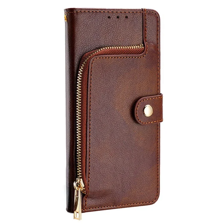 For OnePlus Nord CE4 Lite 5G / Oppo K12x 5G (China) Case Zipper Pocket PU Leather Wallet Flip Phone Cover - Brown