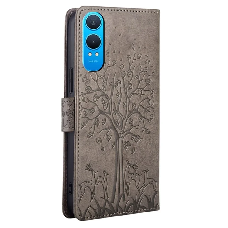 For OnePlus Nord CE4 Lite 5G / Oppo K12x 5G (China) Case PU Leather Wallet Phone Cover Tree Deer Imprinted - Grey