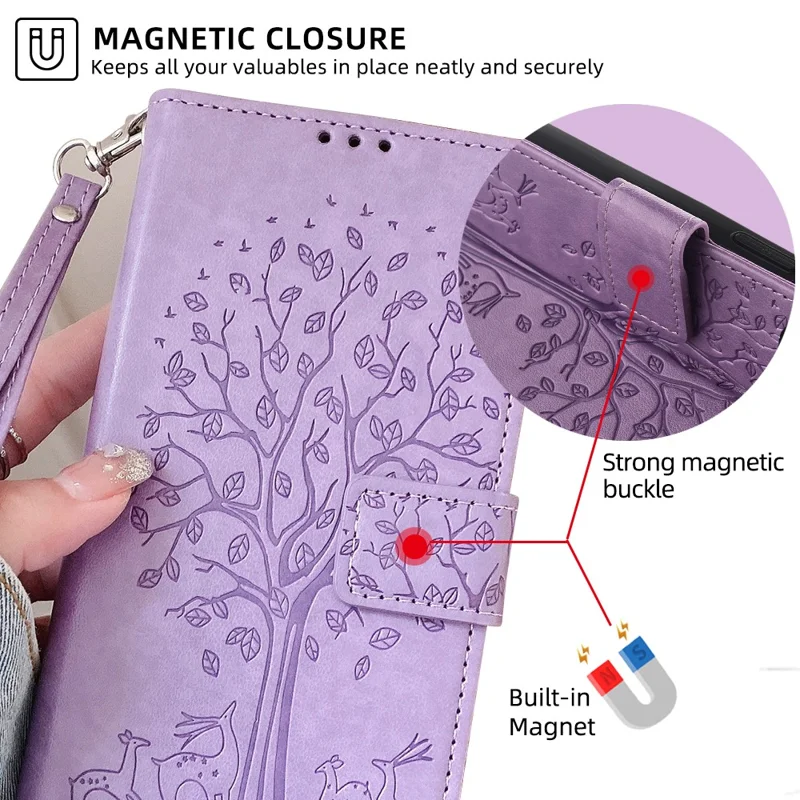 For Motorola Edge (2024) 5G Case PU Leather Wallet Phone Cover Tree Deer Imprinted - Purple