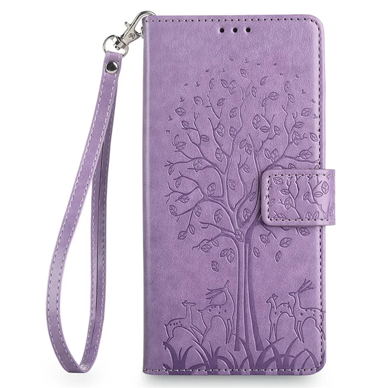 For Motorola Edge (2024) 5G Case PU Leather Wallet Phone Cover Tree Deer Imprinted - Purple