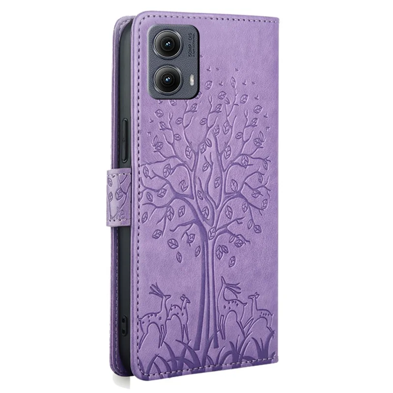 For Motorola Edge (2024) 5G Case PU Leather Wallet Phone Cover Tree Deer Imprinted - Purple