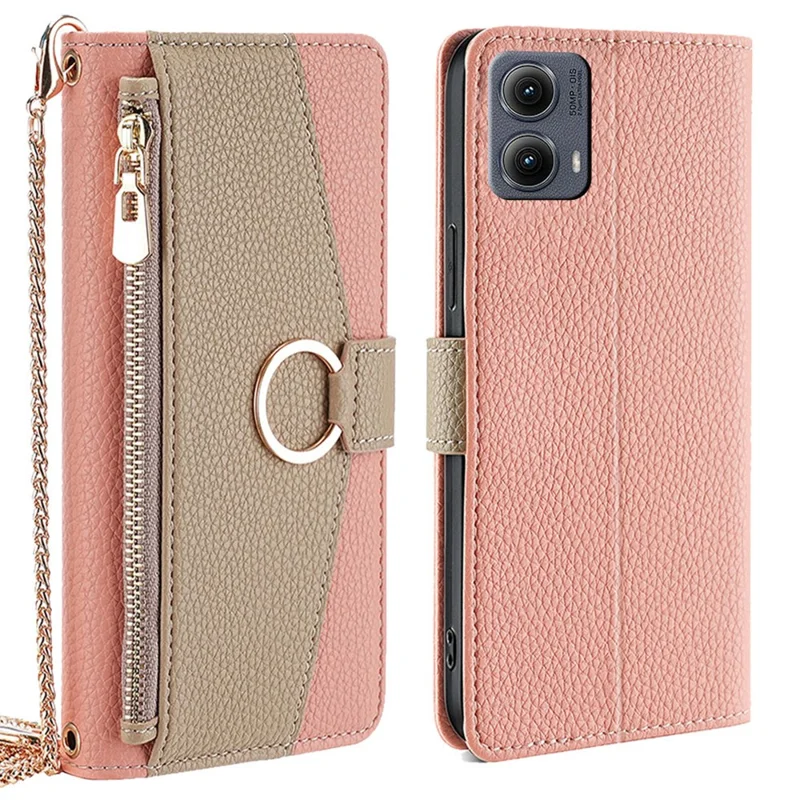 For Motorola Edge (2024) 5G Case Mirror Wallet Leather Phone Cover with Chain Shoulder Strap - Pink