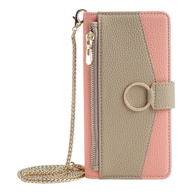 For Motorola Edge (2024) 5G Case Mirror Wallet Leather Phone Cover with Chain Shoulder Strap - Pink