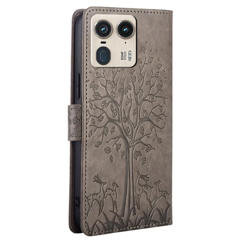 Für Motorola Moto X50 Ultra 5G / Edge 50 Ultra 5G Hülle PU Leder Brieftasche Handyhülle Baum Hirsch Prägung - Grau