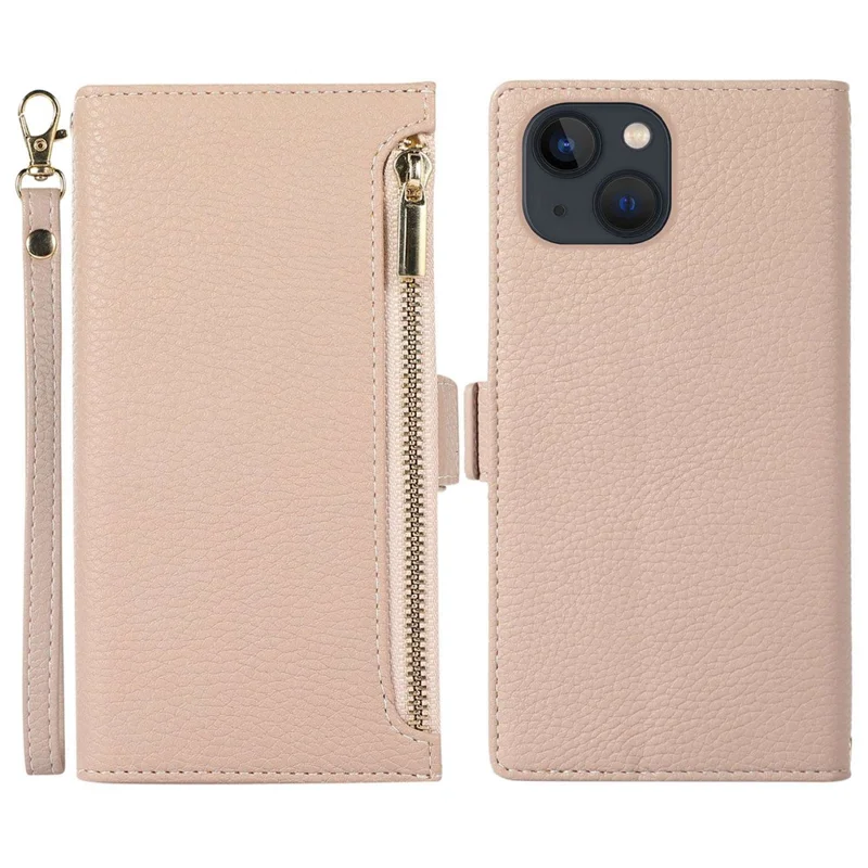 For iPhone 14 Zipper Pocket Design Phone Case Litchi Texture Full Protection PU Leather Phone Flip Cover Wallet with Strap - Apricot