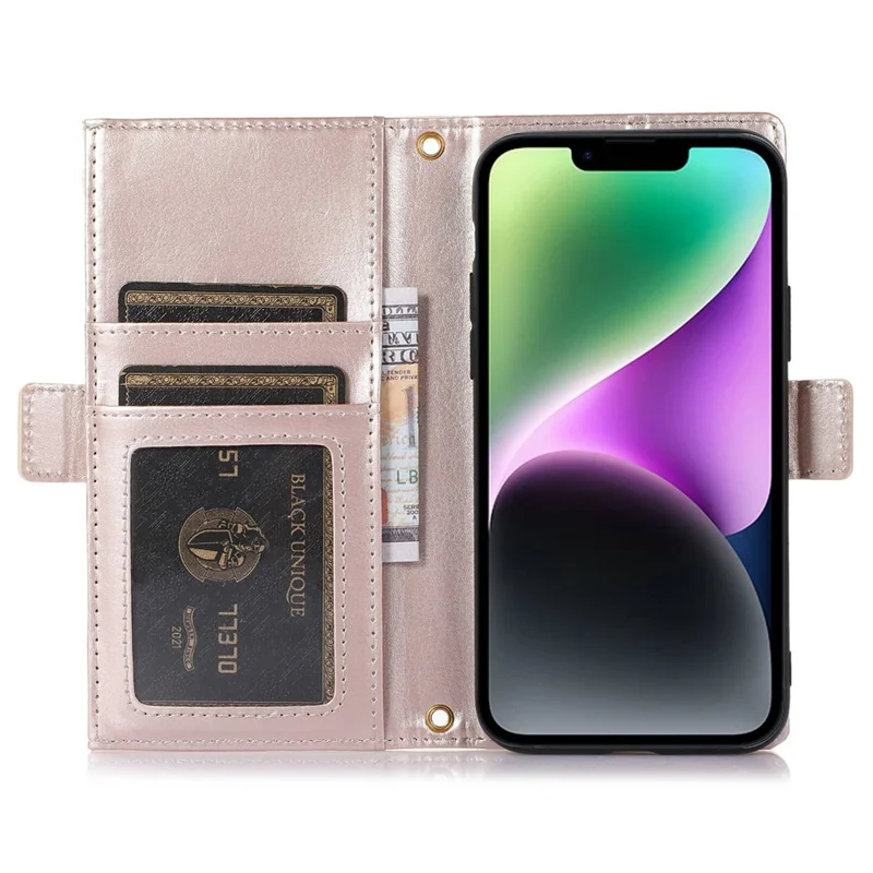 For iPhone 14 Zipper Pocket Design Phone Case Litchi Texture Full Protection PU Leather Phone Flip Cover Wallet with Strap - Apricot