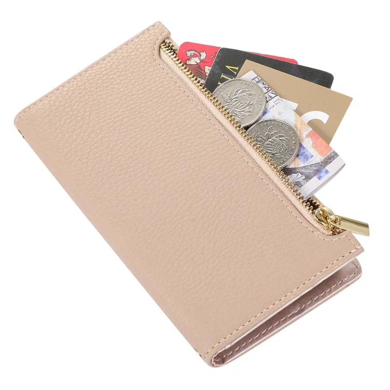 For iPhone 14 Zipper Pocket Design Phone Case Litchi Texture Full Protection PU Leather Phone Flip Cover Wallet with Strap - Apricot