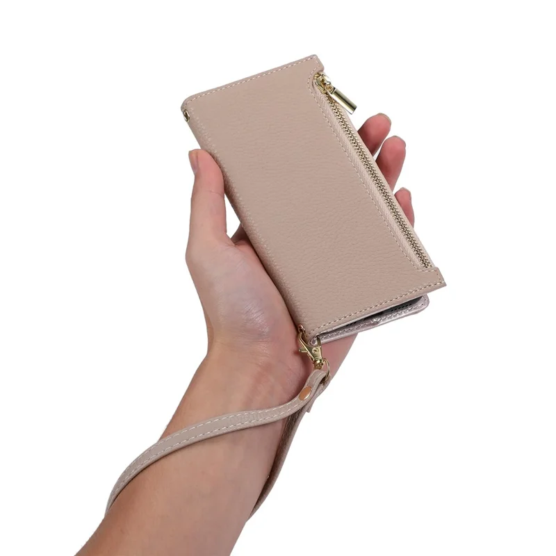 For iPhone 14 Zipper Pocket Design Phone Case Litchi Texture Full Protection PU Leather Phone Flip Cover Wallet with Strap - Apricot