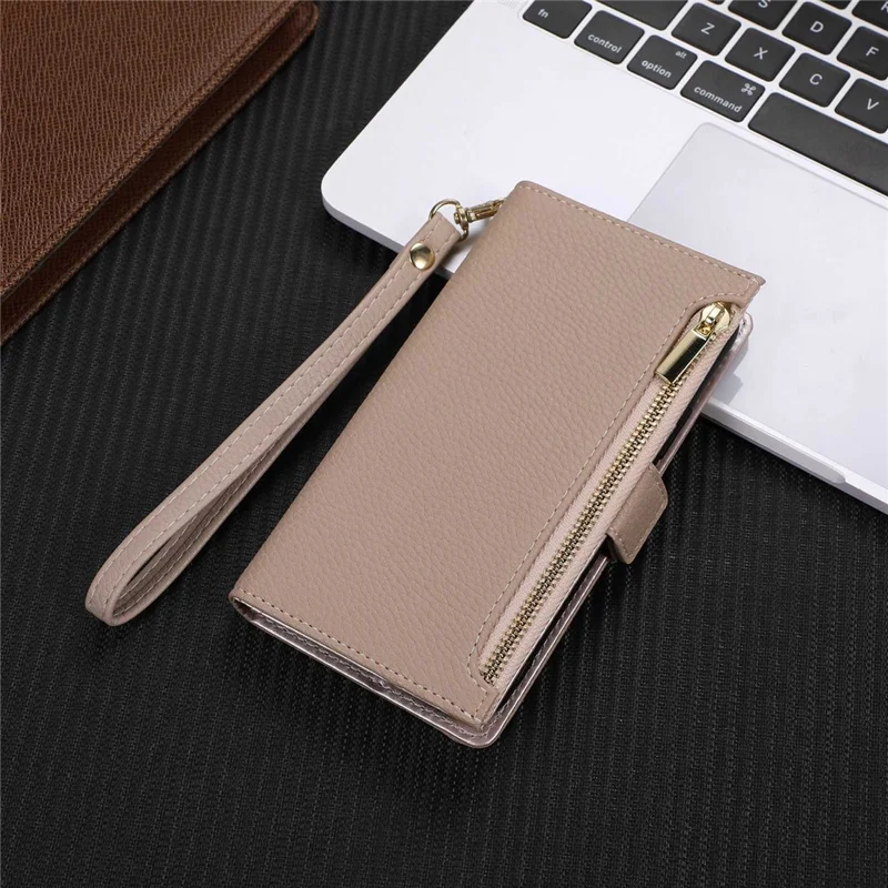 For iPhone 14 Zipper Pocket Design Phone Case Litchi Texture Full Protection PU Leather Phone Flip Cover Wallet with Strap - Apricot