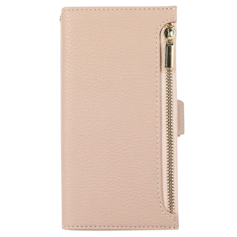 For iPhone 14 Zipper Pocket Design Phone Case Litchi Texture Full Protection PU Leather Phone Flip Cover Wallet with Strap - Apricot
