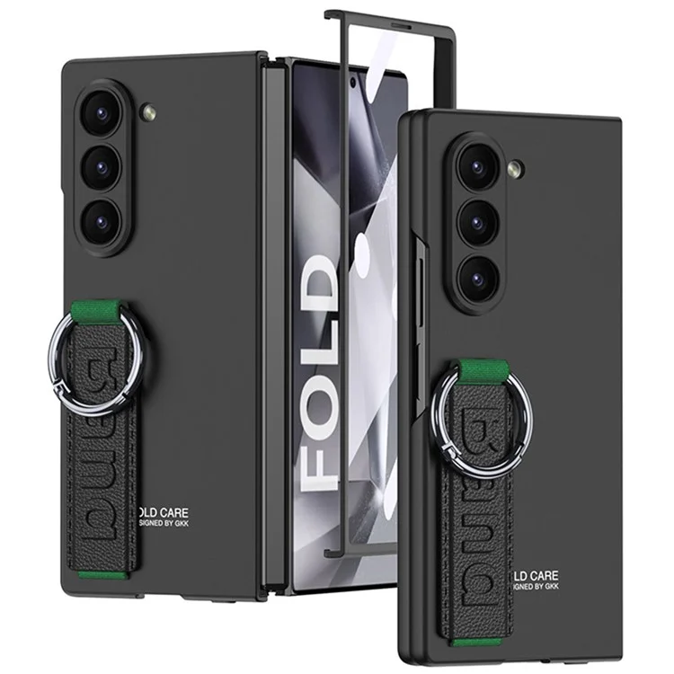 GKK For Samsung Galaxy Z Fold5 5G Case Tempered Glass Screen Film+Hard PC Phone Cover with Ring Holder, Finger Strap - Black