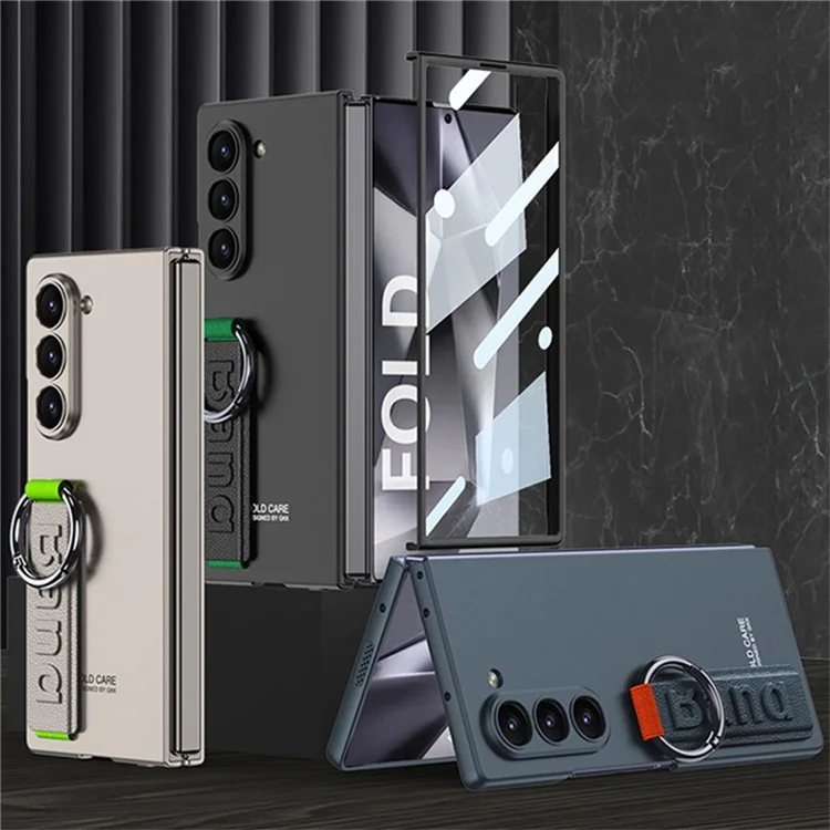 GKK For Samsung Galaxy Z Fold5 5G Case Tempered Glass Screen Film+Hard PC Phone Cover with Ring Holder, Finger Strap - Black