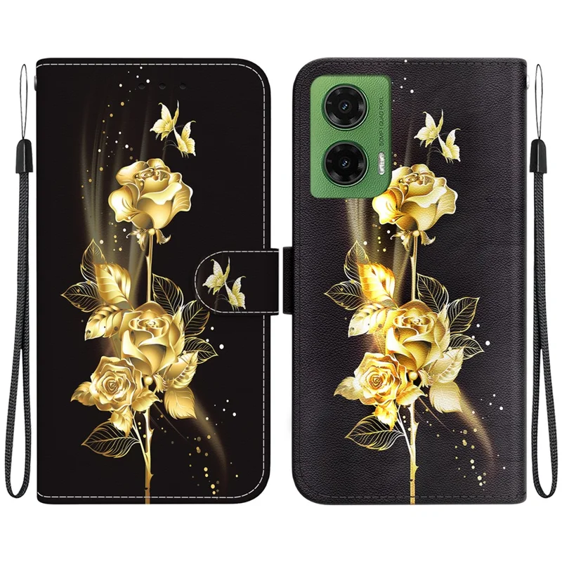 For Motorola Moto G35 5G Wallet Phone Case Anti-Drop Leather Flip Cover Pattern Printing - Gold Butterfly Rose