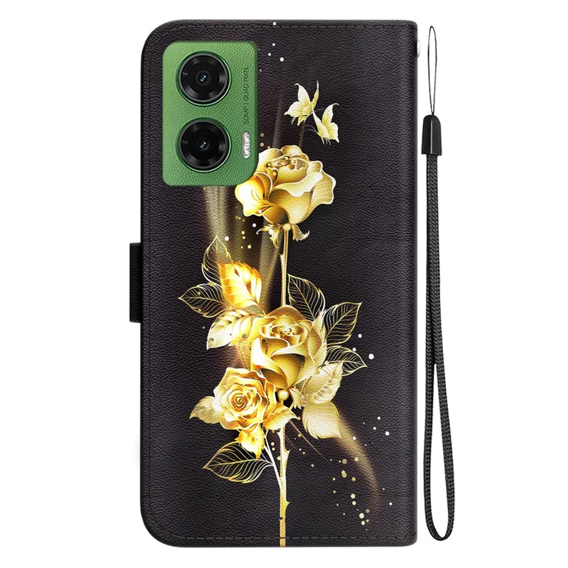 For Motorola Moto G35 5G Wallet Phone Case Anti-Drop Leather Flip Cover Pattern Printing - Gold Butterfly Rose