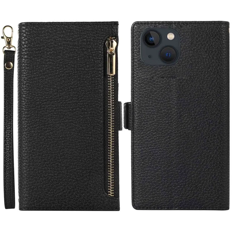 Étui de téléphone à texture de litchi pour iPhone 14 Plus, étui rabattable en cuir PU avec pochette à fermeture éclair et protection intégrale - Noir