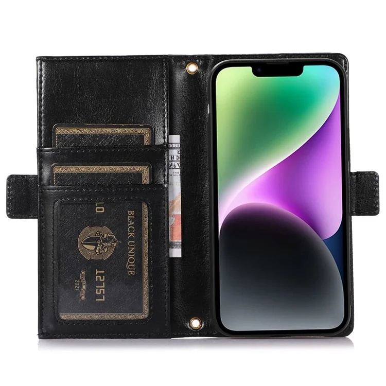 Étui de téléphone à texture de litchi pour iPhone 14 Plus, étui rabattable en cuir PU avec pochette à fermeture éclair et protection intégrale - Noir