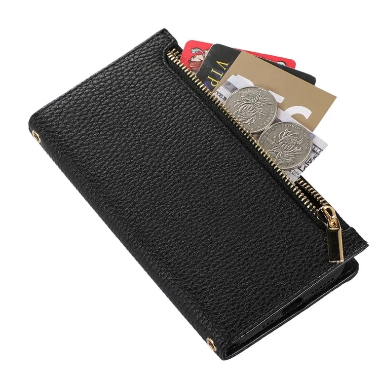 Étui de téléphone à texture de litchi pour iPhone 14 Plus, étui rabattable en cuir PU avec pochette à fermeture éclair et protection intégrale - Noir