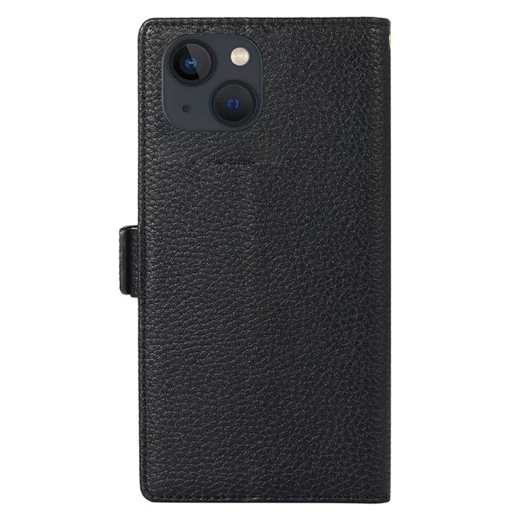 Étui de téléphone à texture de litchi pour iPhone 14 Plus, étui rabattable en cuir PU avec pochette à fermeture éclair et protection intégrale - Noir