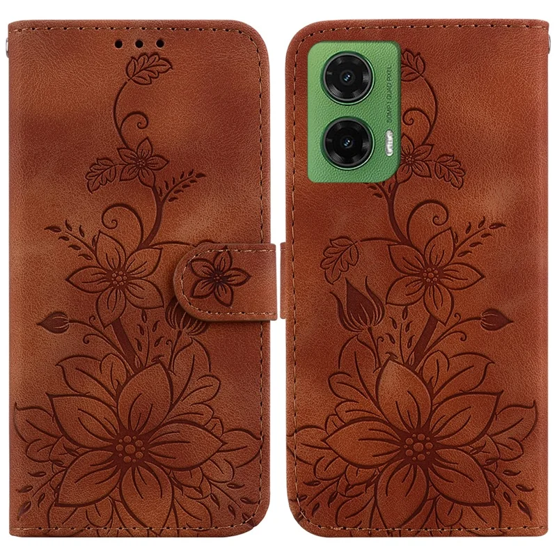 Para Funda de Motorola Moto G35 5G, Carcasa de Cuero con Impresión de Flor de Lirio y Soporte - Marrón