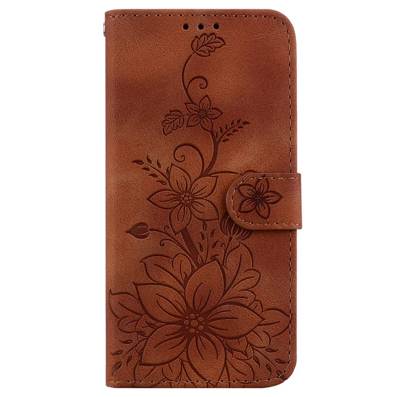 Para Funda de Motorola Moto G35 5G, Carcasa de Cuero con Impresión de Flor de Lirio y Soporte - Marrón
