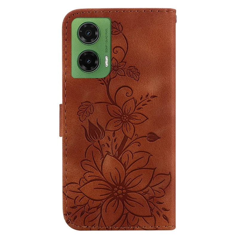 Para Funda de Motorola Moto G35 5G, Carcasa de Cuero con Impresión de Flor de Lirio y Soporte - Marrón
