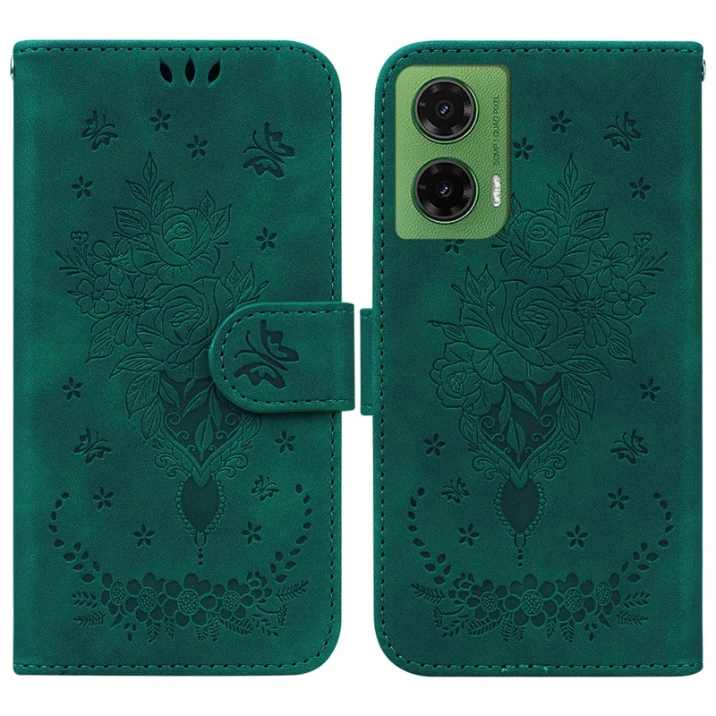Per Motorola Moto G35 5G Custodia in pelle PU Portafoglio Cover per telefono Impronta farfalla fiore - Verde