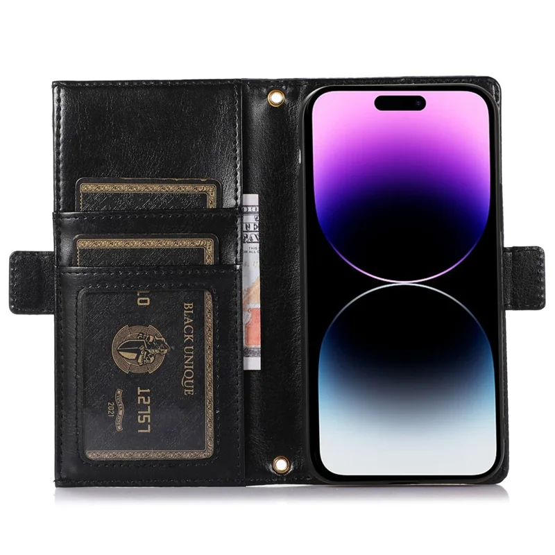 Litchi Texture Texthone Case Para Iphone 14 Pro Max, Gota de Zíper Resistente a Capa de Couro PU po PU Com Cinta - Preto