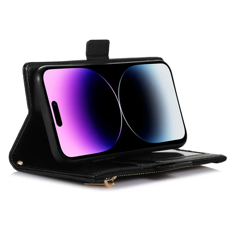 Litchi Texture Texthone Case Para Iphone 14 Pro Max, Gota de Zíper Resistente a Capa de Couro PU po PU Com Cinta - Preto