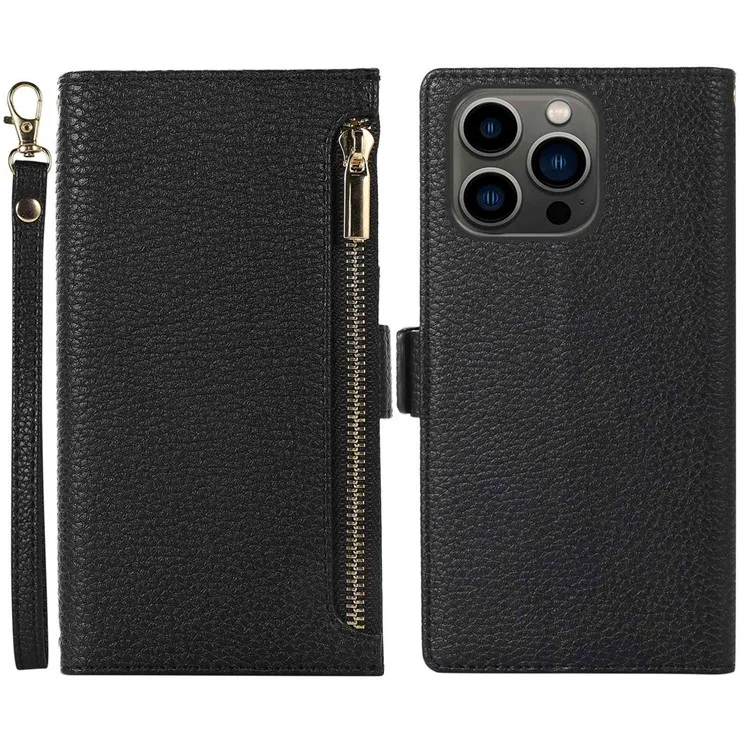 Étui de Téléphone de Texture Litchi Pour Iphone 14 Pro, Poche Zipper Couverture Complète pu Leather Phone Flip Cover Gellet Avec Sangle - le Noir
