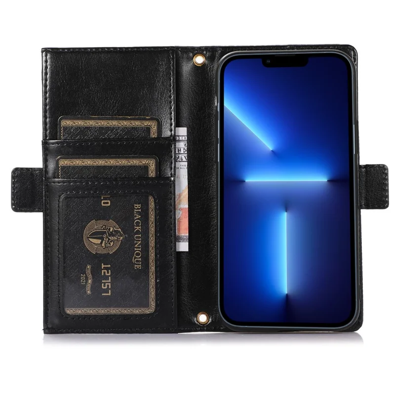 For iPhone 13 Pro 6.1 inch Zipper Pocket Design Litchi Texture Phone Case, Anti-scratch PU Leather Flip Cover Wallet with Strap - Black