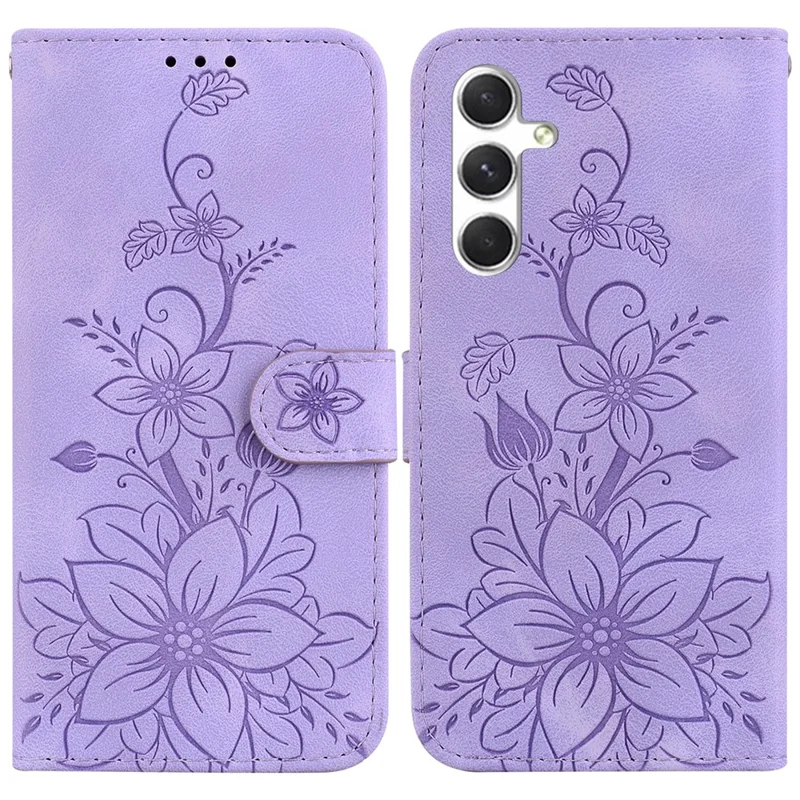 For Samsung Galaxy S25+ Case Lily Flower Imprint Leather Phone Cover with Stand - Purple