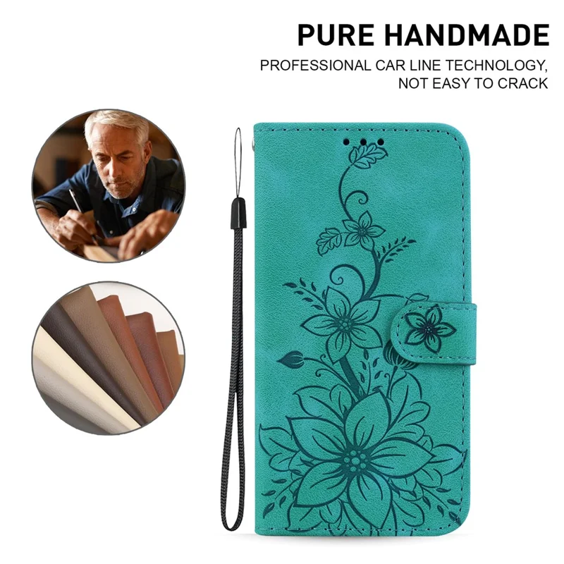 For Samsung Galaxy S25+ Case Lily Flower Imprint Leather Phone Cover with Stand - Green