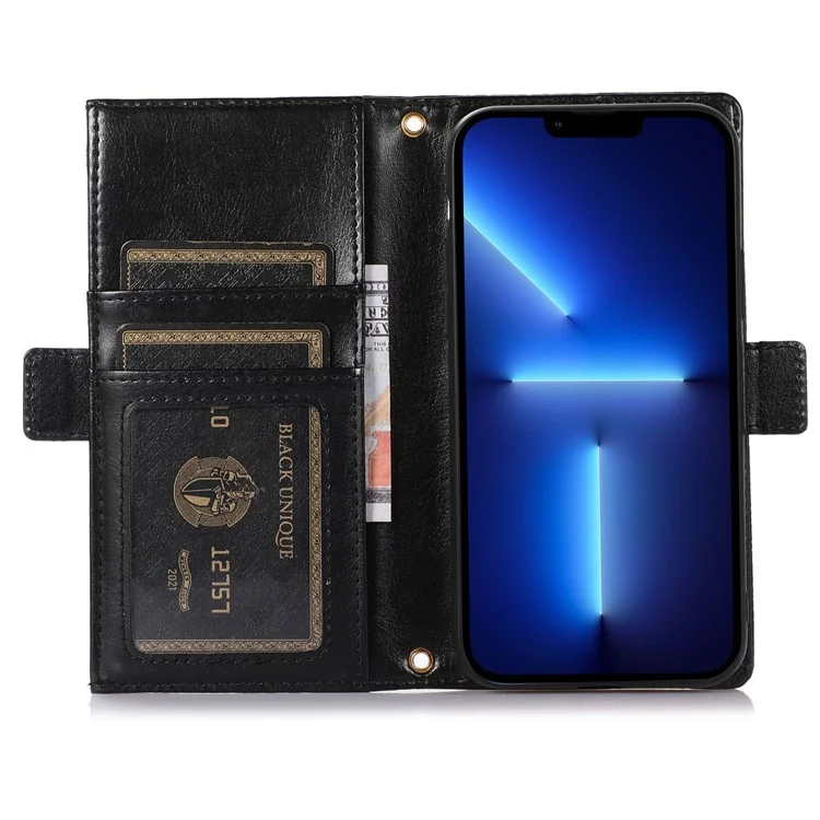 For iPhone 13 Pro Max 6.7 inch Zipper Pocket Design Litchi Texture Phone Case, PU Leather Flip Cover Wallet with Strap - Black