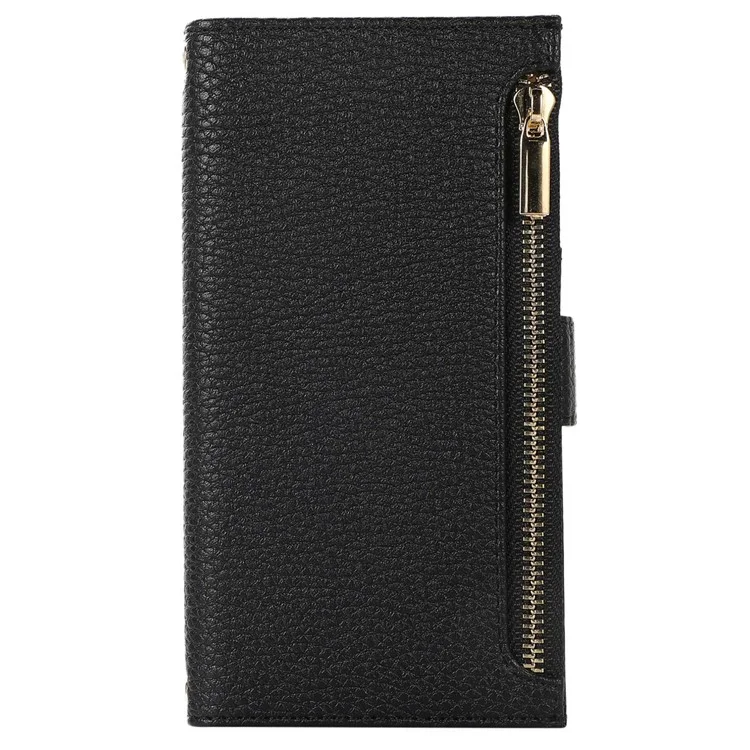 For iPhone 13 Pro Max 6.7 inch Zipper Pocket Design Litchi Texture Phone Case, PU Leather Flip Cover Wallet with Strap - Black