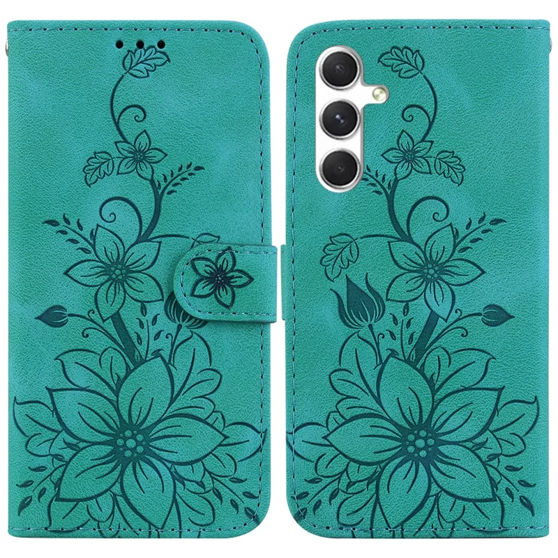 For Samsung Galaxy S25 Case Lily Flower Imprint Leather Phone Cover with Stand - Green