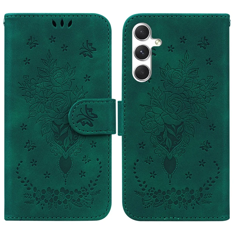 For Samsung Galaxy S25 Case PU Leather Wallet Phone Cover Butterfly Flower Imprint - Green